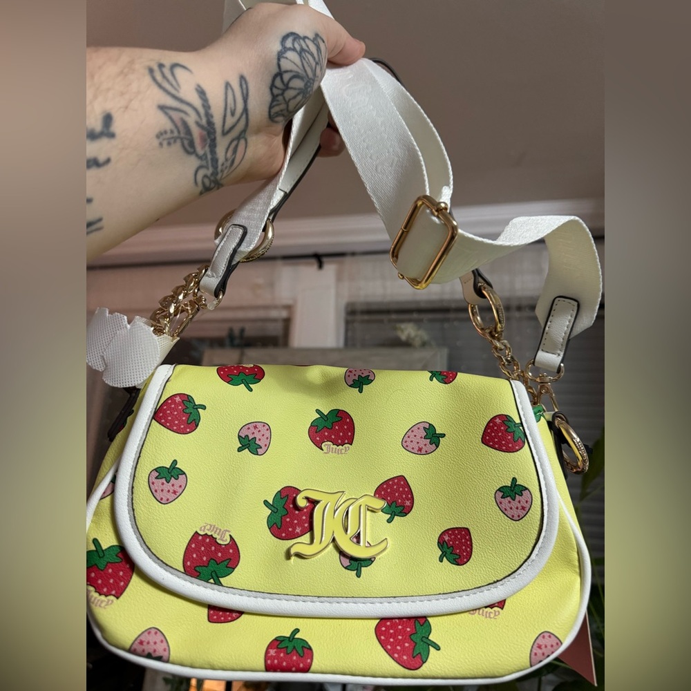Juicy Couture Yellow Strawberry Crossbody Bag with White Adjustable Strap